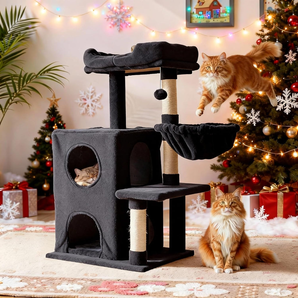 Cat Tree Tower for Indoor Cats, 36-Inch Adult Cat Tree House for Large Adult Cats with Steps, Scratching Post, 2 Cat Condo, Dangling Toys, Dark Grey