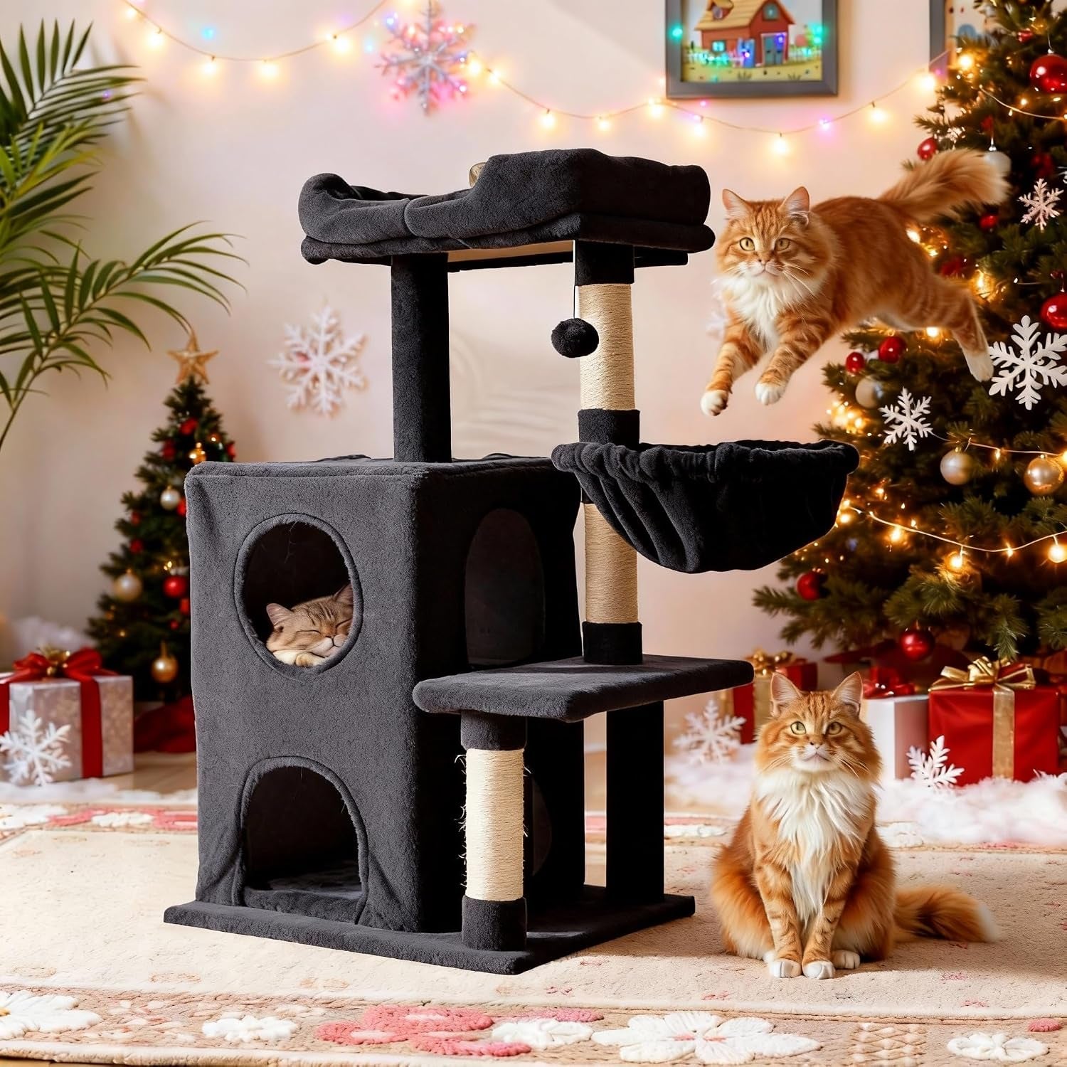 Cat Tree Tower for Indoor Cats, 36-Inch Adult Cat Tree House for Large Adult Cats with Steps, Scratching Post, 2 Cat Condo, Dangling Toys, Dark Grey