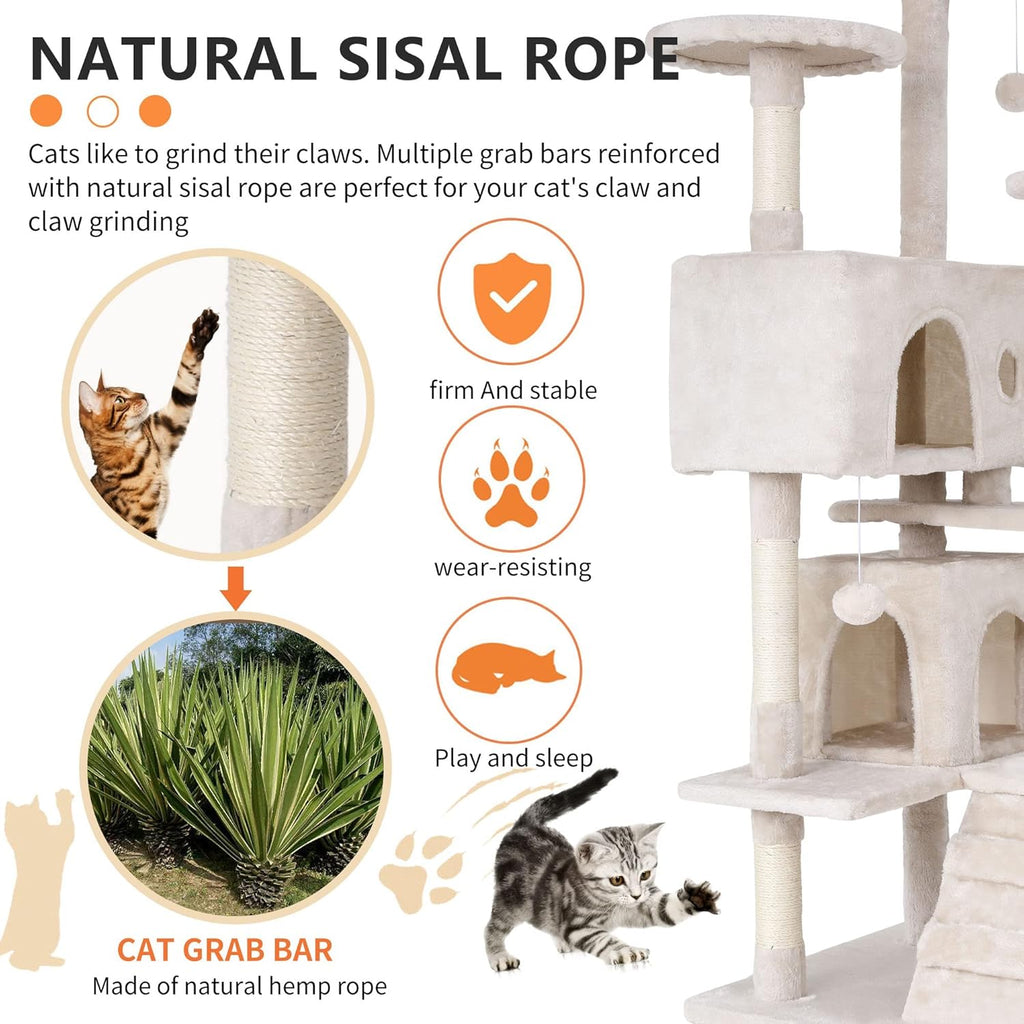 70" Cat Tree for Indoor Cats - Multi-Level Tower Kitten to Large Cats - Heavy Duty Scratching Post, Condo, Plush Perch, Beige
