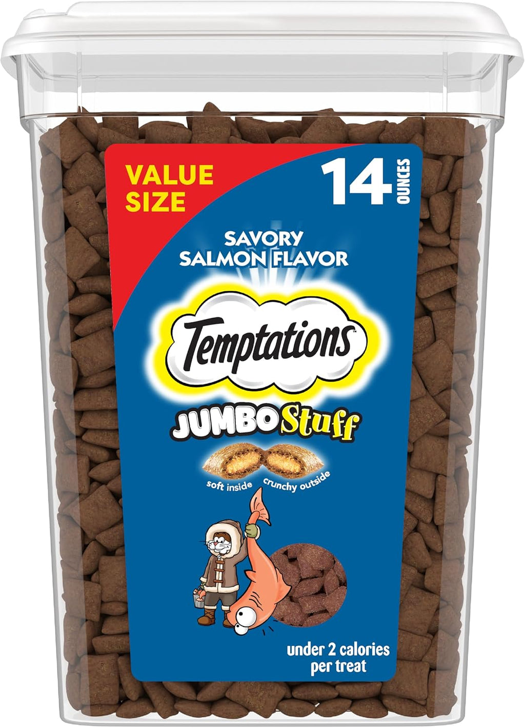 Jumbo Stuff Crunchy & Soft Cat Treats, Salmon, 14 Oz | Bigger than Classic , Crunchy Outside, Soft Inside, under 2 Calories per Treat, Stay-Fresh Resealable Tub