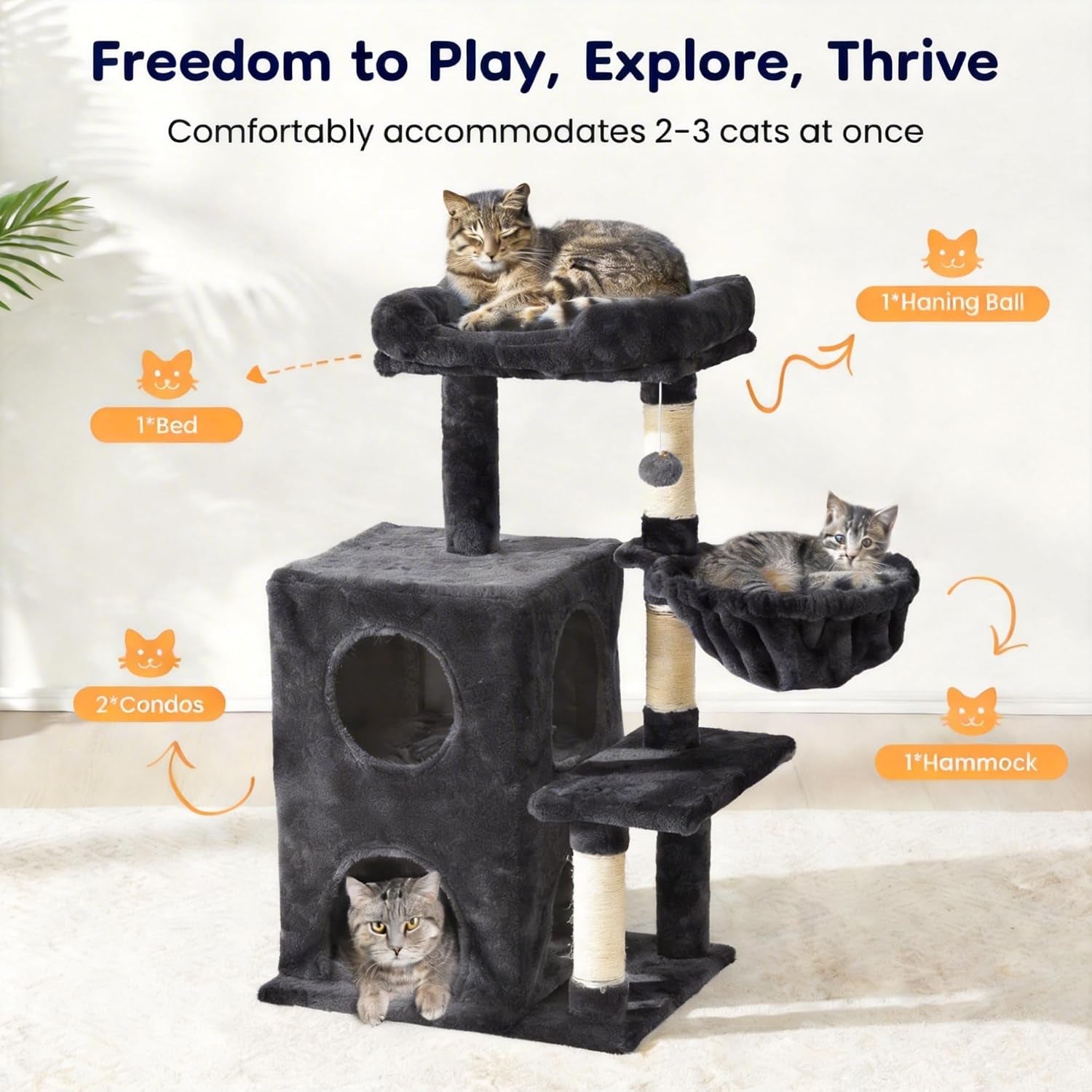 Cat Tree Tower for Indoor Cats, 36-Inch Adult Cat Tree House for Large Adult Cats with Steps, Scratching Post, 2 Cat Condo, Dangling Toys, Dark Grey