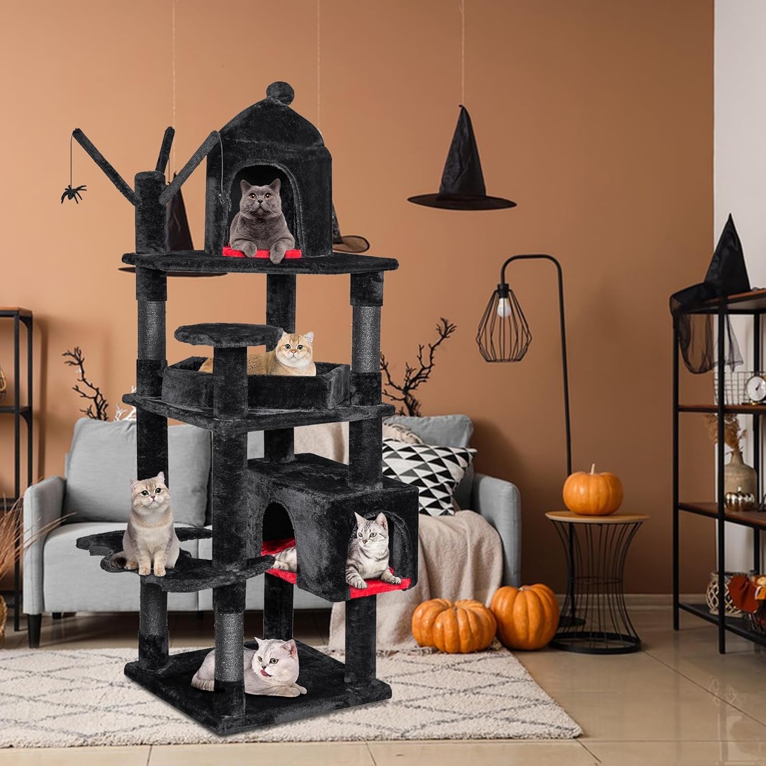 Heavy Duty Cat Tree Tower, 63 in Gothic Cat Trees with Coffin Bed | Large Goth Cat Tree for Indoor Cats, Cat Condo with Scratching Posts for Adult Cats 20 Lbs+, Tall Cat House, Black & Red