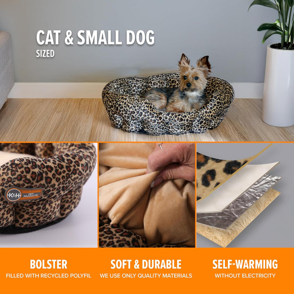 K&H Cat Bed, Self-Warming Nuzzle Nest, No Electric Needed, 19In Leopard/Tan | Self Warming Cat Bed, Soft Plush Comfortable with Supportive Bolsters, Keep Pets Warm, Also for Small Dogs, Machine Washable