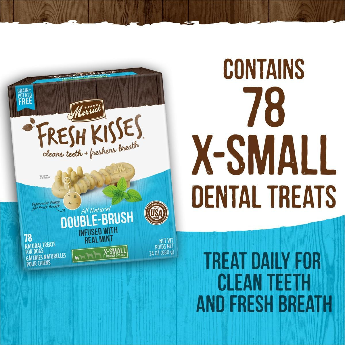 Fresh Kisses Natural Dental Chews Toothbrush Treat Shape Infused with Real Mint for Tiny Dogs 5-15 Lbs - 20 Ct. Bag