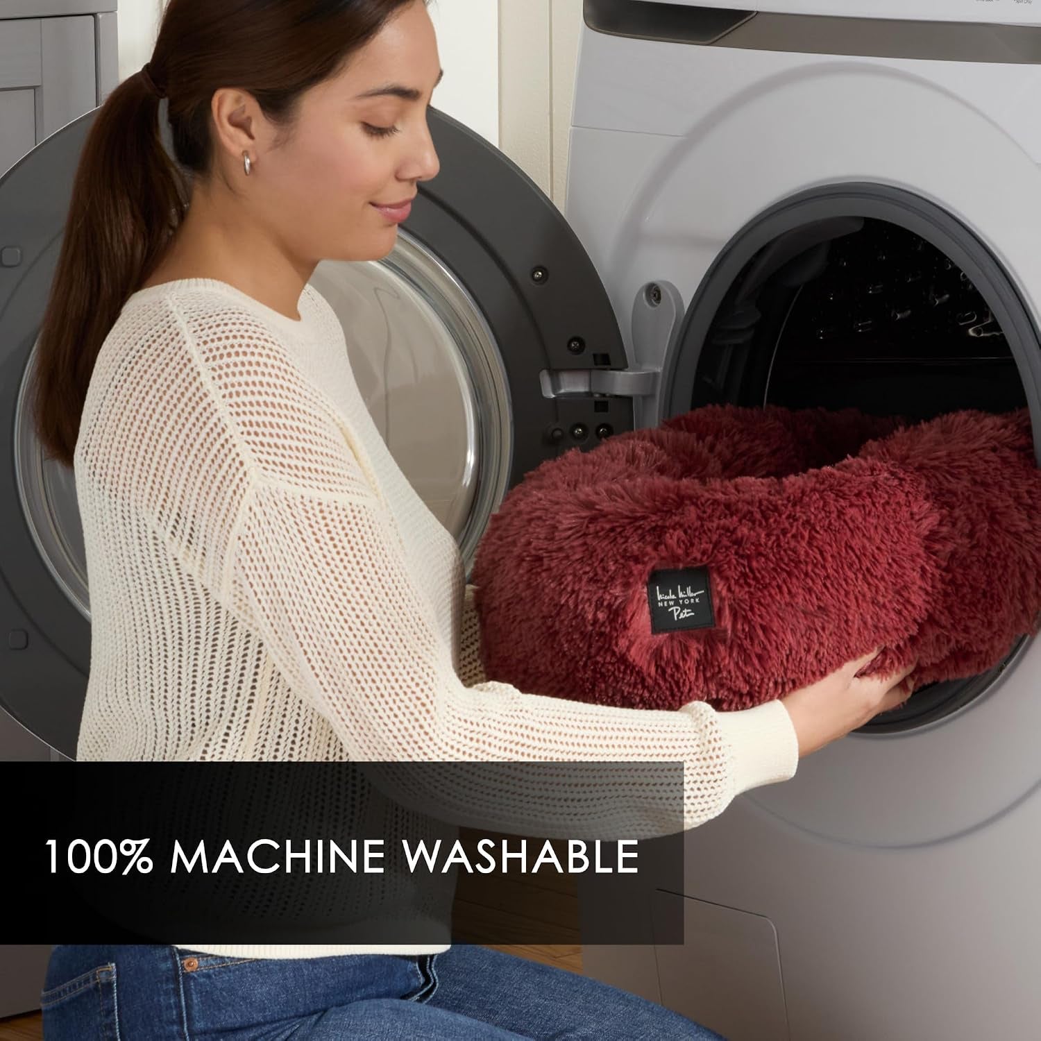 PET Ellie Fuzzy Solid Donut Pet Bed, Plush, Cozy & Calming, Non-Slip Bottom, 100% Machine Washable, Burgundy Rose, X-Small 19"X19"X7" Round