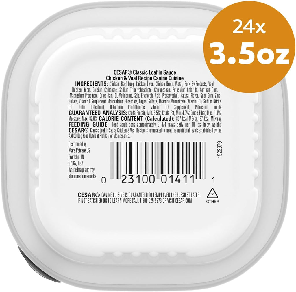 Classic Loaf in Sauce Wet Dog Food, Chicken & Veal, 3.5 Oz, 24 Count | Made in USA, Real Chicken #1 Ingredient, No Fillers/Added Sugar/Artificial Flavors, Use as Meal or Topper, Easy Peel Trays