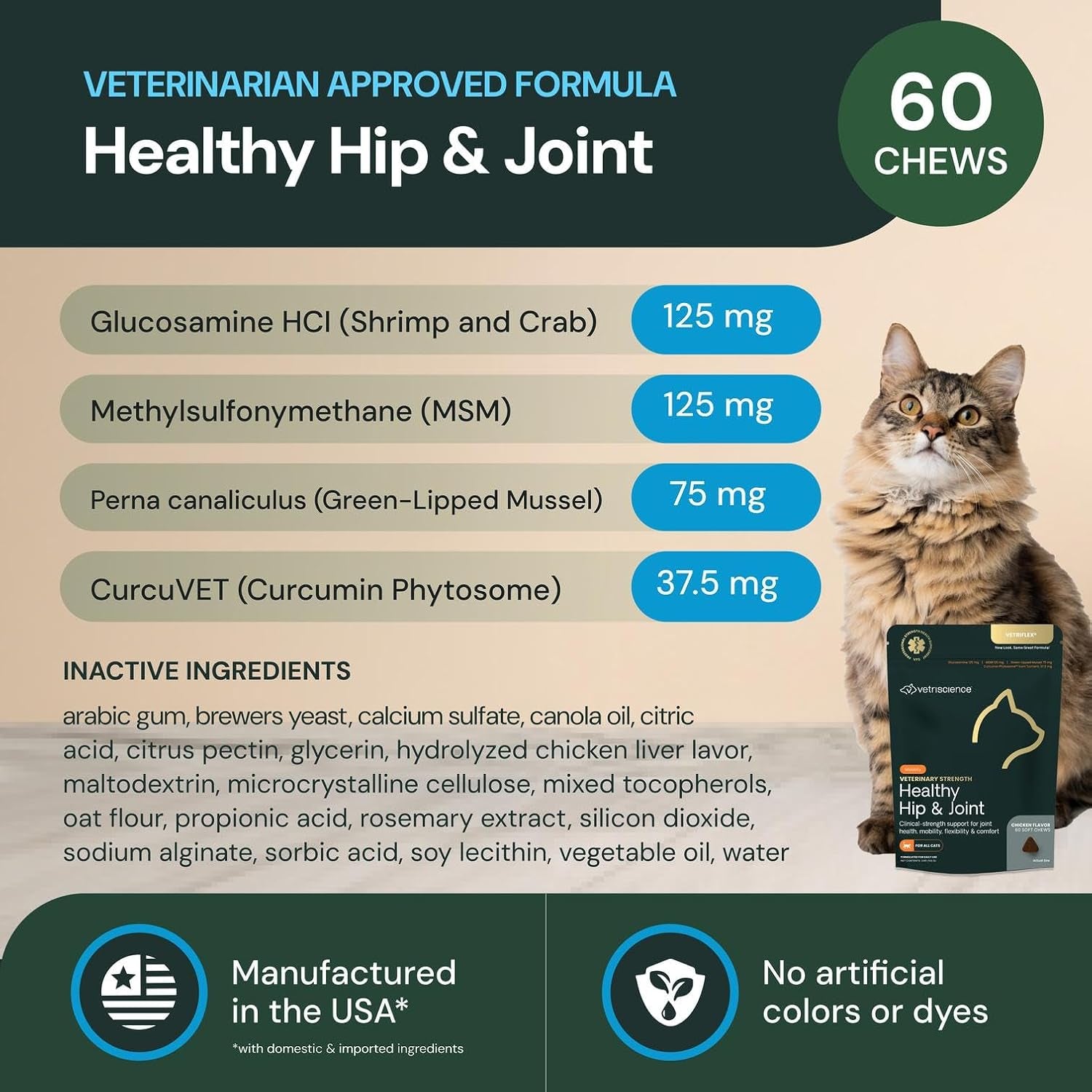 Veterinary Strength Healthy Hip & Joint Chews - Cat Joint & Soft Tissue Health Supplement for Mobility - Clinical Strength Formula - Chicken Flavor - 60 Count