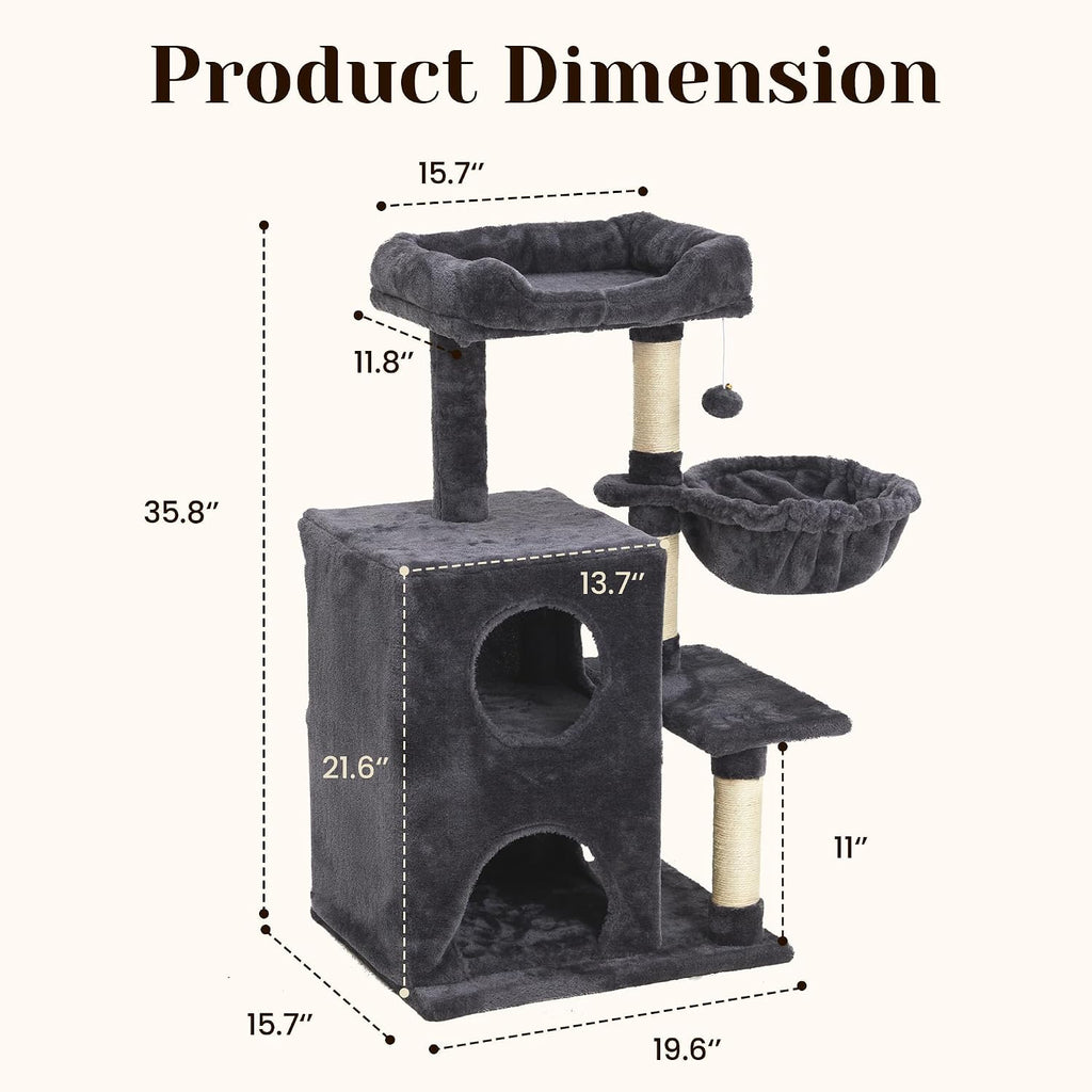 Cat Tree Tower for Indoor Cats, 36-Inch Adult Cat Tree House for Large Adult Cats with Steps, Scratching Post, 2 Cat Condo, Dangling Toys, Dark Grey