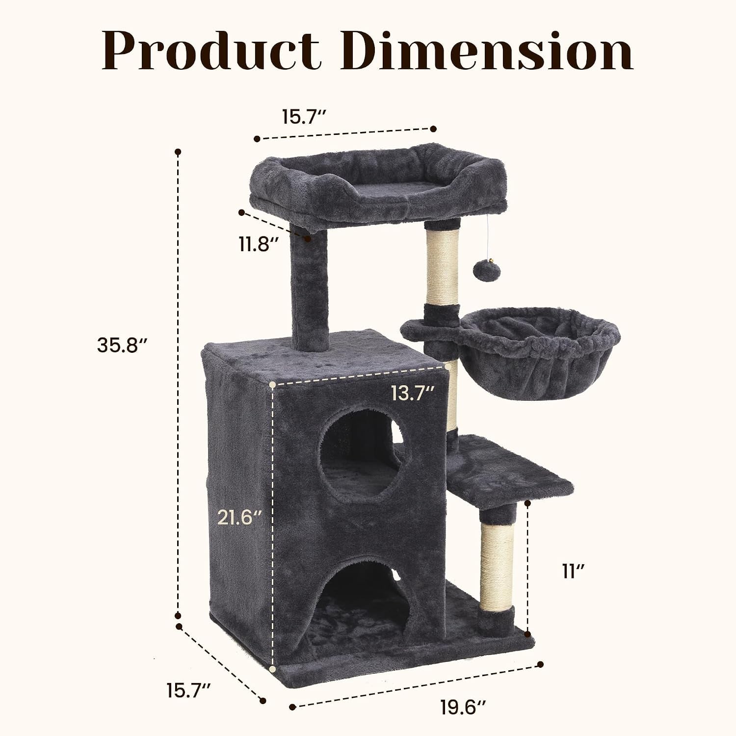 Cat Tree Tower for Indoor Cats, 36-Inch Adult Cat Tree House for Large Adult Cats with Steps, Scratching Post, 2 Cat Condo, Dangling Toys, Dark Grey