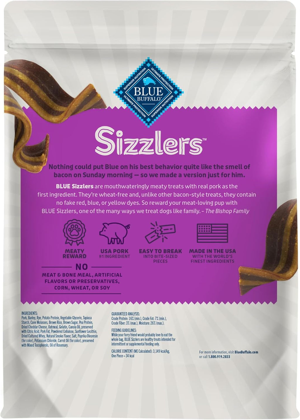Sizzlers Pork Bacon-Style Dog Treats, 6 Oz | Real USA Pork First, Soft & Chewy Texture, Tear for Portion Control, No Red 40, BHA, Corn, Wheat, or Soy
