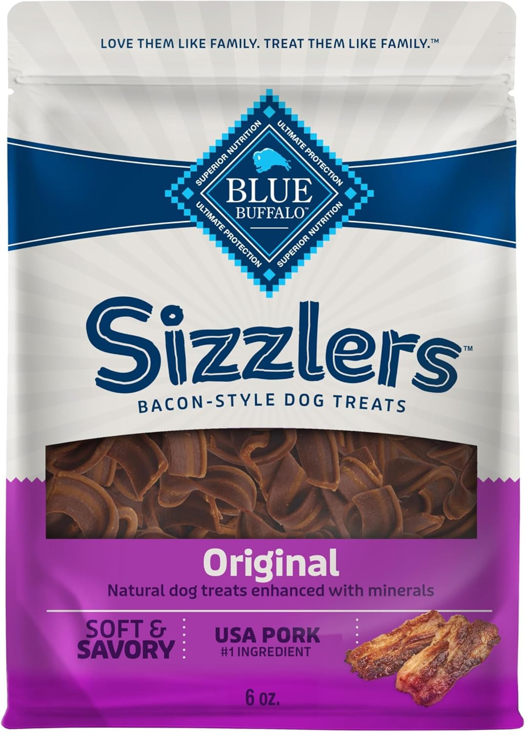 Sizzlers Pork Bacon-Style Dog Treats, 6 Oz | Real USA Pork First, Soft & Chewy Texture, Tear for Portion Control, No Red 40, BHA, Corn, Wheat, or Soy