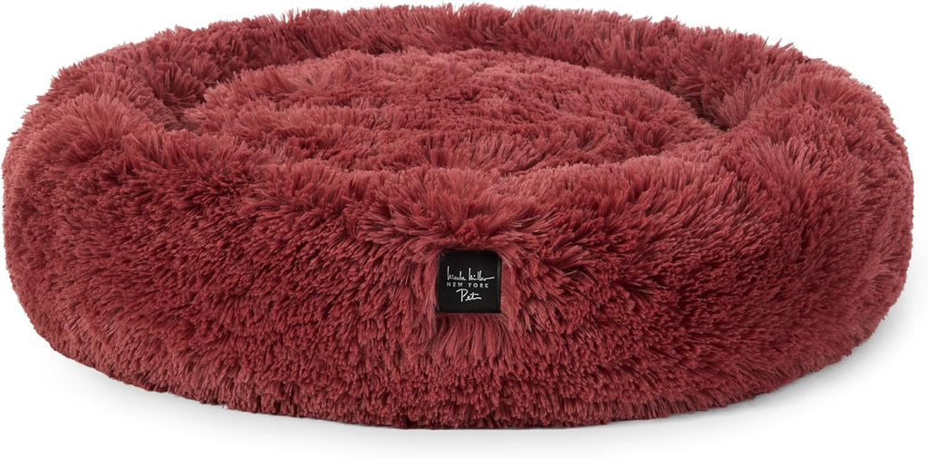 PET Ellie Fuzzy Solid Donut Pet Bed, Plush, Cozy & Calming, Non-Slip Bottom, 100% Machine Washable, Burgundy Rose, X-Small 19"X19"X7" Round