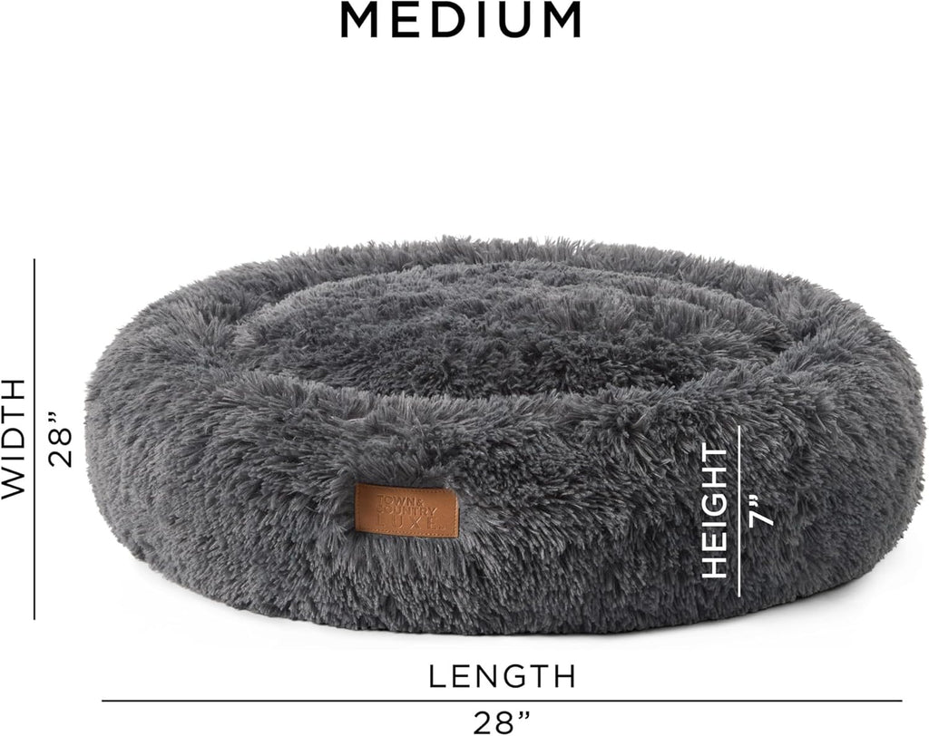 Cuddletown Fuzzy Solid Donut Pet Bed, Soft, Cozy & Calming, Water Repellent, Non-Slip Bottom, 100% Machine Washable, Dark Grey, Medium 28"X28"X7" Round