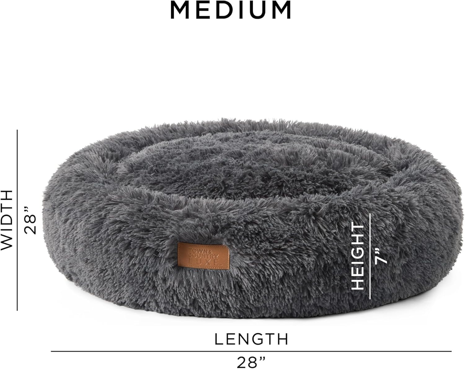 Cuddletown Fuzzy Solid Donut Pet Bed, Soft, Cozy & Calming, Water Repellent, Non-Slip Bottom, 100% Machine Washable, Dark Grey, Medium 28"X28"X7" Round