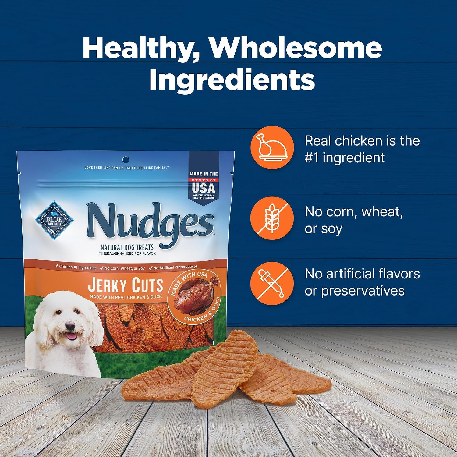 Nudges Jerky Cuts Chicken & Duck Dog Treats, 16 Oz | Real Chicken & Duck First, Made in the USA, No Corn, Wheat, or Soy