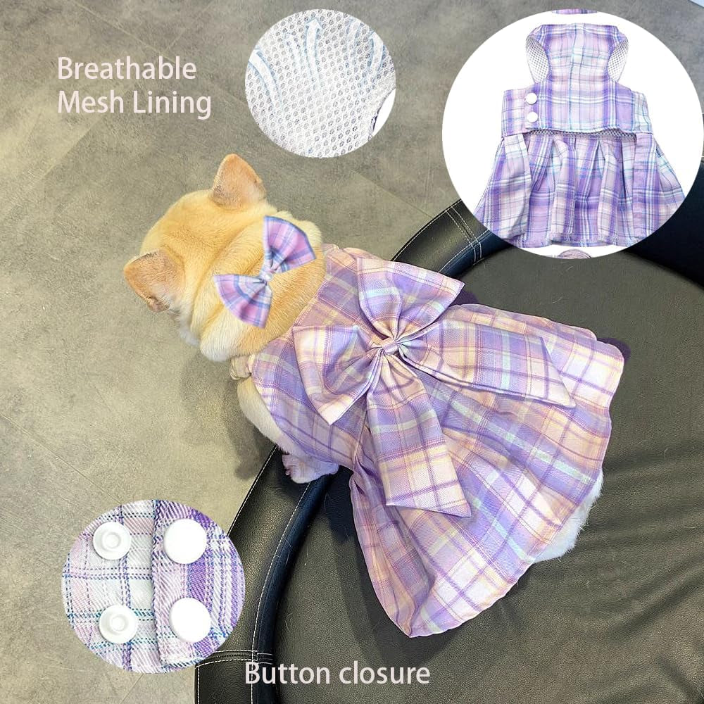 Plaid Dog Dress Harness and Leash Set with Bow Tie Accessories Puppy Clothes for Small Dog Girl Cute Cat Summer Outfit Breathable Mesh Pet Princess Skirt with Pearls (Purple, X-Small)