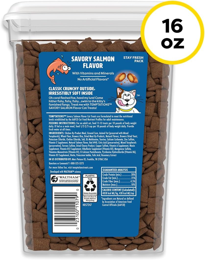Classic Crunchy and Soft Cat Treats, Savory Salmon, 16 Oz | Crunchy Outside, Soft Inside, under 2 Calories per Treat, 100% Complete & Balanced for Adult Cats, Stay-Fresh Resealable Tub
