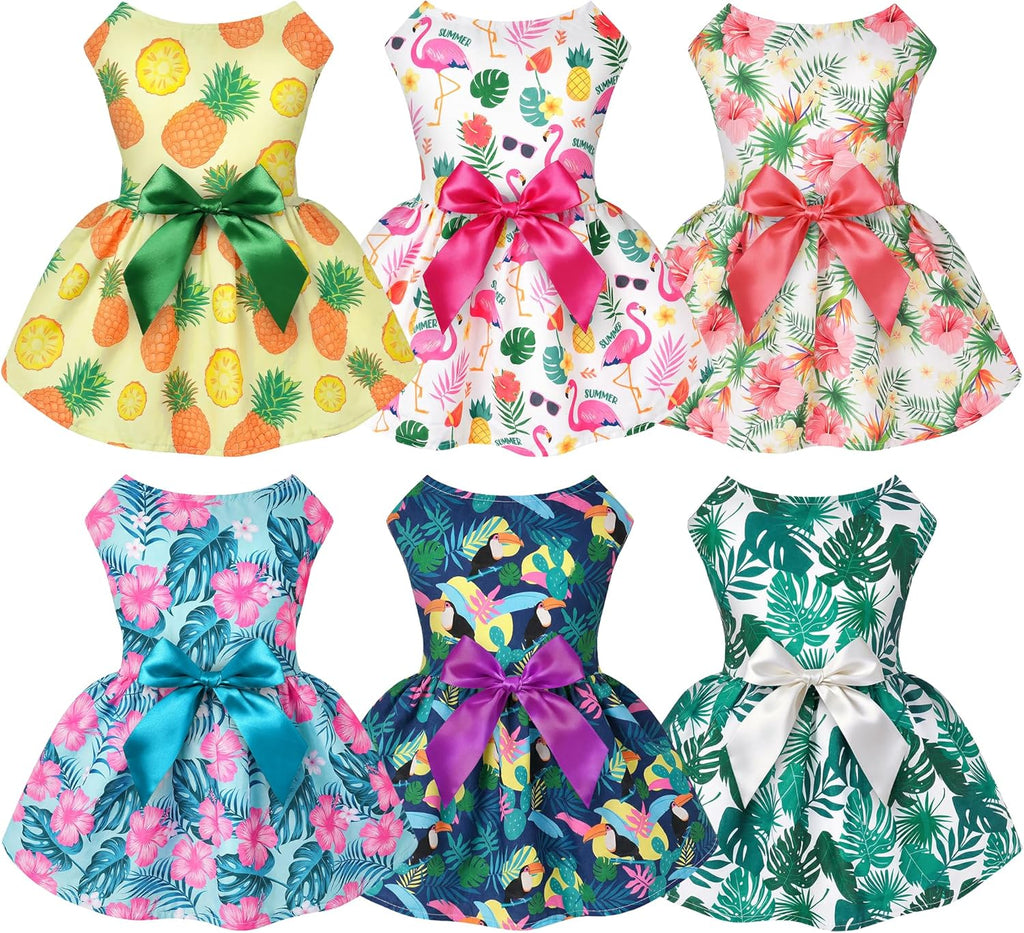 6 Pack Girl Dog Clothes Floral Summer Dog Dress Tropical Floral Princess Bowknot Pet Dresses for Small Dogs Girl Clothes Cute Outfits for Boys Girls Pets Cats Dogs