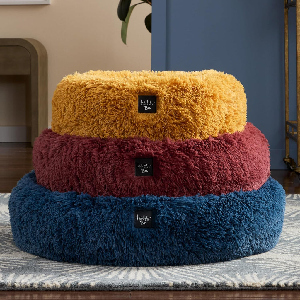 PET Ellie Fuzzy Solid Donut Pet Bed, Plush, Cozy & Calming, Non-Slip Bottom, 100% Machine Washable, Burgundy Rose, X-Small 19"X19"X7" Round