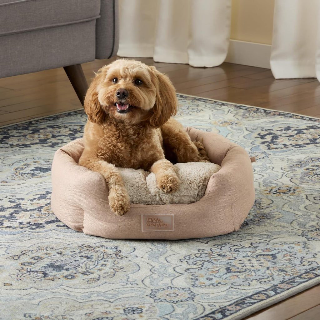 Cuddletown Faux Linen Comfy Cozy Cuddler Pet Bed, Supportive & Calming, Non-Slip Bottom, Machine Washable Cover, Blue, Small 22"X20"X7"