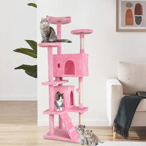 Heavy Duty Cat Tree, 70 Inch Tall Tower with 3 Top Perches Platforms & 2 Cozy Condos, Climbing Tower with Ladders & Sisal Pole, Scratching Tree for Large Cats Play House, Pink