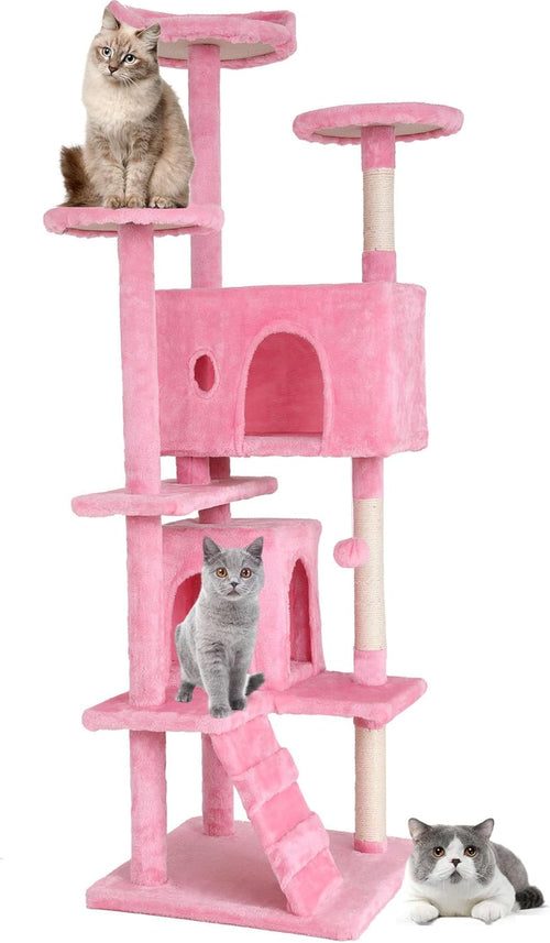 Heavy Duty Cat Tree, 70 Inch Tall Tower with 3 Top Perches Platforms & 2 Cozy Condos, Climbing Tower with Ladders & Sisal Pole, Scratching Tree for Large Cats Play House, Pink