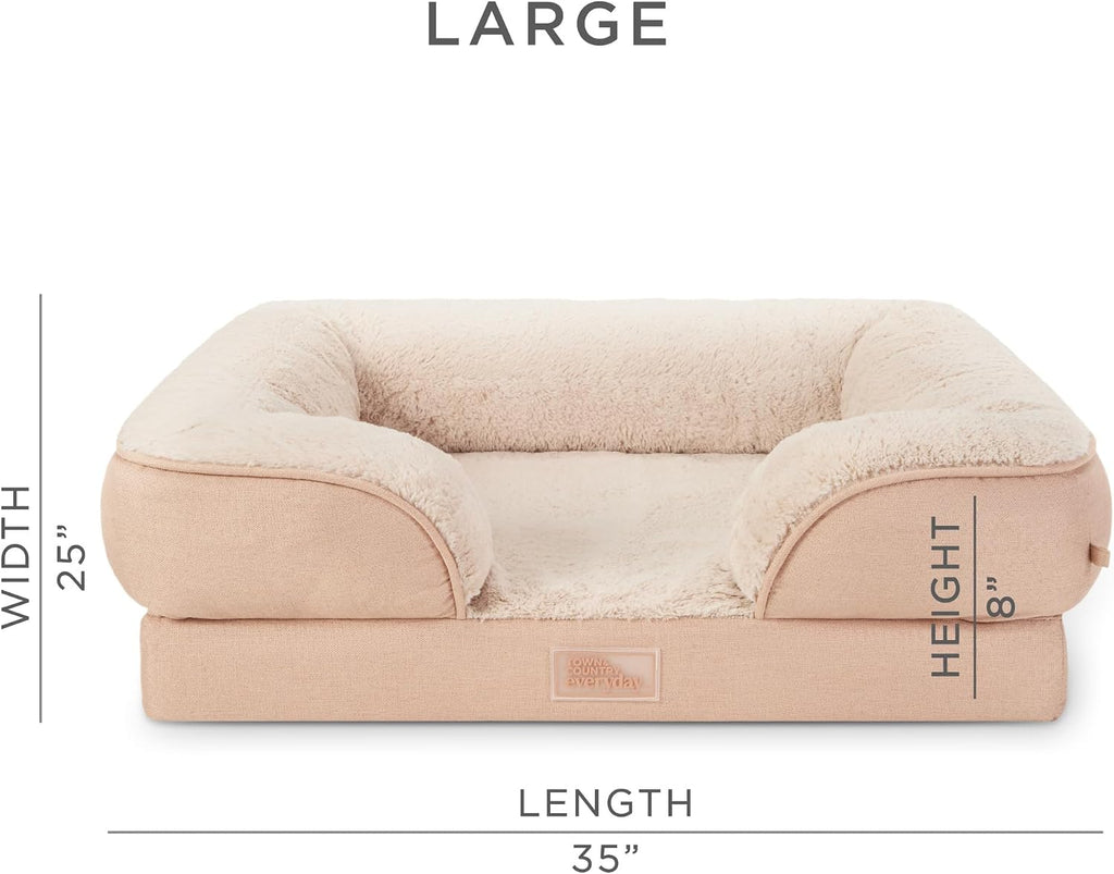 Cuddletown Comfy Solid Bolster Sofa Pet Bed, Supportive & Calming Egg Crate Foam, Non-Slip Bottom, Machine Washable Cover, Warm Taupe, Large 35"X25"X8"