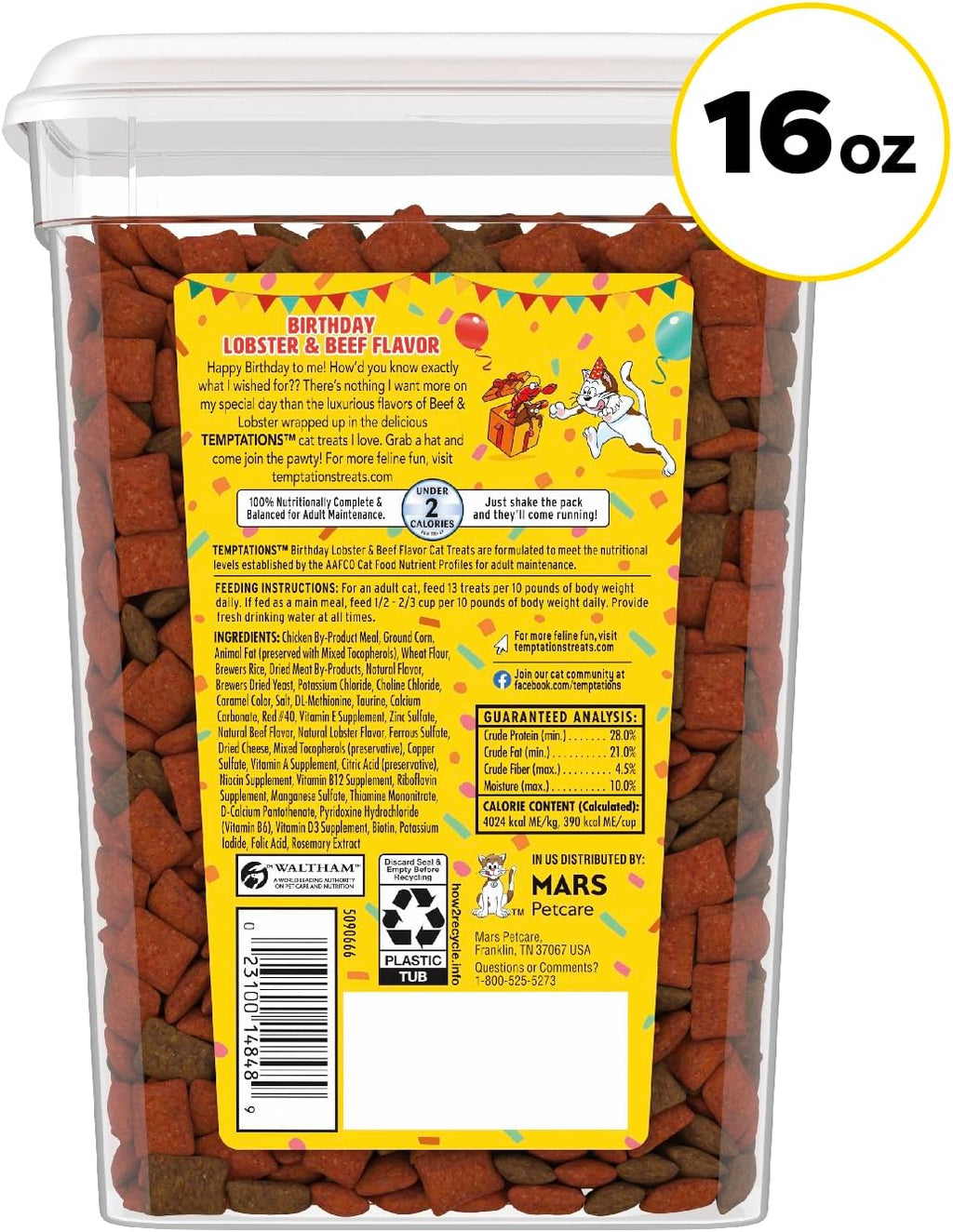 Birthday Crunchy and Soft Cat Treats, Lobster & Beef, 16 Oz | Crunchy Outside, Soft Inside, under 2 Calories per Treat, 100% Complete & Balanced for Adult Cats, Stay-Fresh Resealable Tub