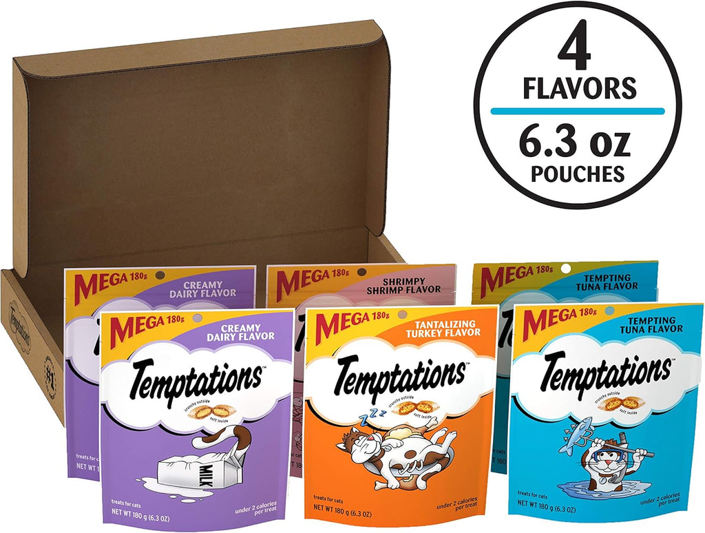 Cat Treats Classic Crunchy and Soft Cat Treats Variety Pack, 6.3 Oz. Pouches (Pack of 6) | Dairy, Tuna, Shrimp & Turkey Flavors, under 2 Calories per Treat, 100% Complete & Balanced for Adult Cats, Resealable Pouches