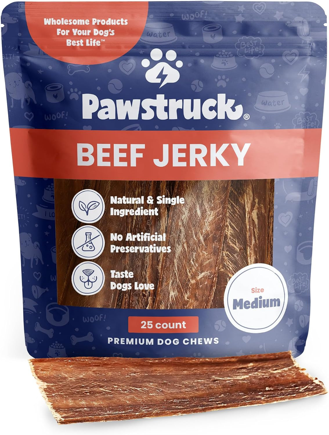 Premium Beef Jerky Dog Treat Chews, Medium 4"-6" Strips – Supports Hip & Joint Health, Rich in Glucosamine & Chondroitin, No Added Preservatives – 25 Count