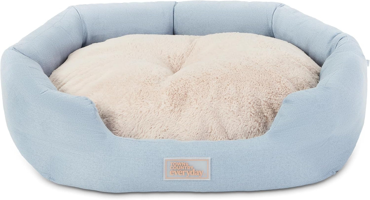 Cuddletown Faux Linen Comfy Cozy Cuddler Pet Bed, Supportive & Calming, Non-Slip Bottom, Machine Washable Cover, Blue, Small 22"X20"X7"