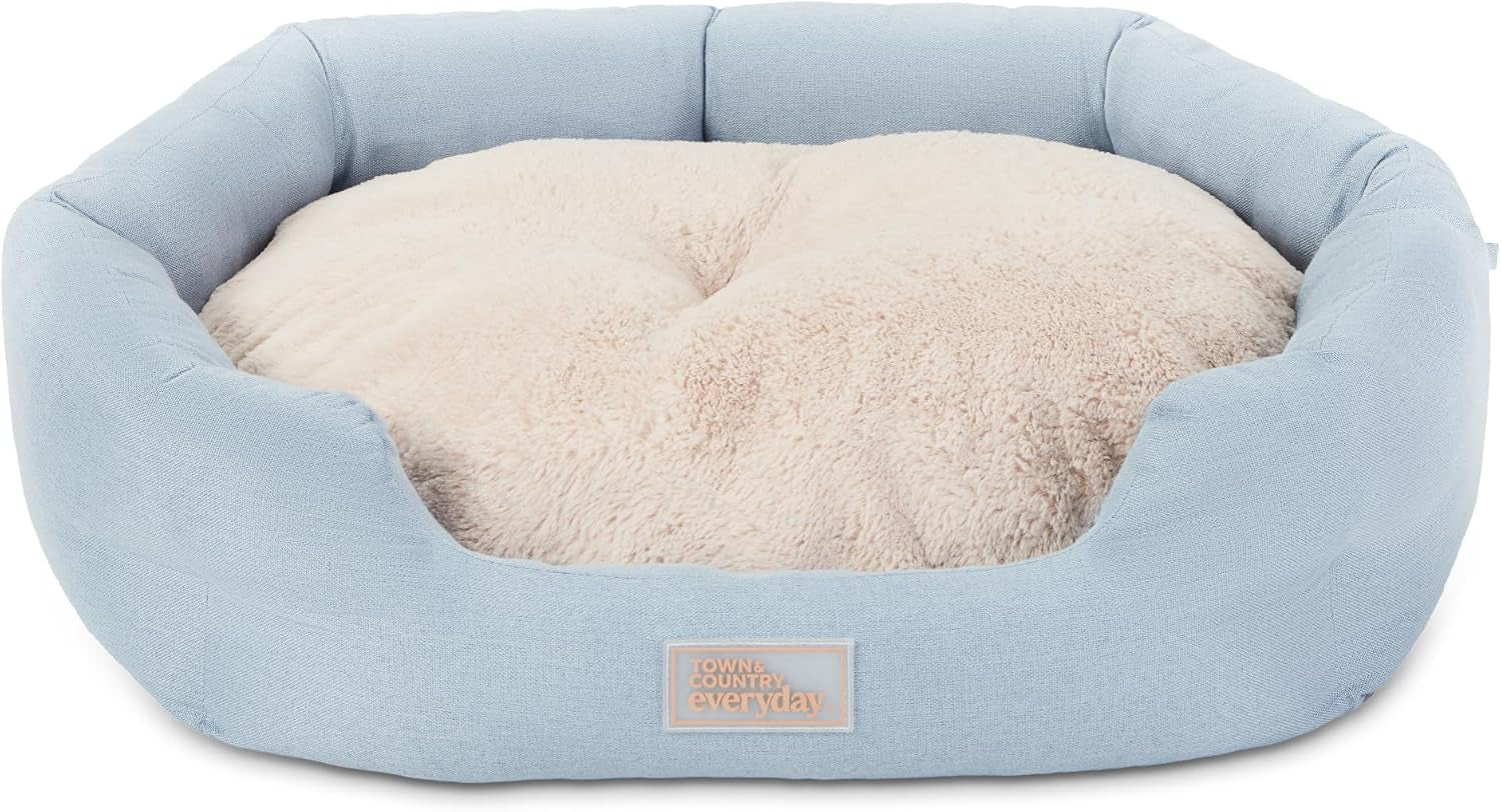Cuddletown Faux Linen Comfy Cozy Cuddler Pet Bed, Supportive & Calming, Non-Slip Bottom, Machine Washable Cover, Blue, Small 22"X20"X7"