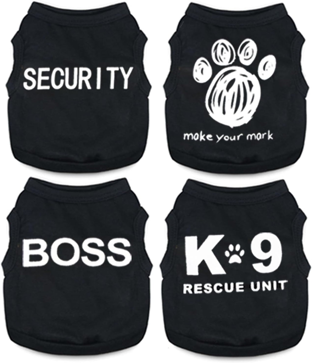 4-Pack Dog Clothes for Small Dogs Boy Male Summer Black Letter Security Puppy Shirts Cute Cool Breathable Clothes for Chihuahua Yorkie Shih Tzu Dachshund Pet Cat Outfit Clothing, Medium