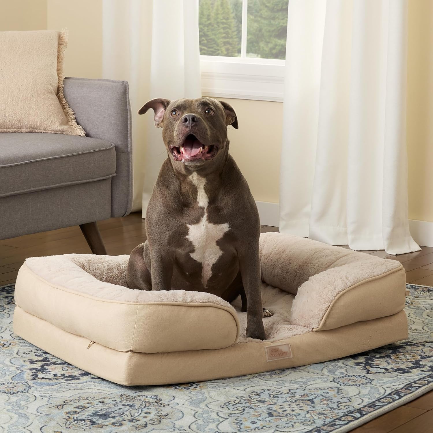 Cuddletown Comfy Solid Bolster Sofa Pet Bed, Supportive & Calming Egg Crate Foam, Non-Slip Bottom, Machine Washable Cover, Warm Taupe, Large 35"X25"X8"