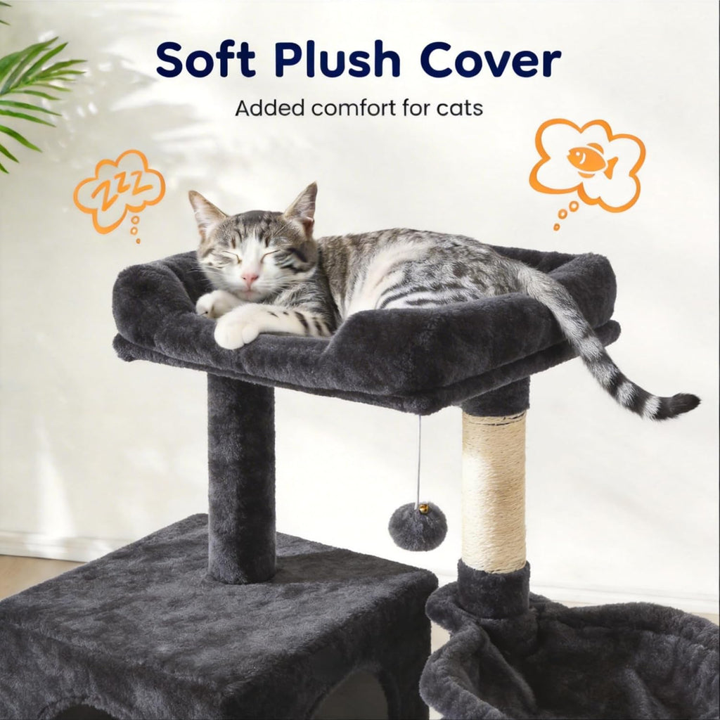 Cat Tree Tower for Indoor Cats, 36-Inch Adult Cat Tree House for Large Adult Cats with Steps, Scratching Post, 2 Cat Condo, Dangling Toys, Dark Grey