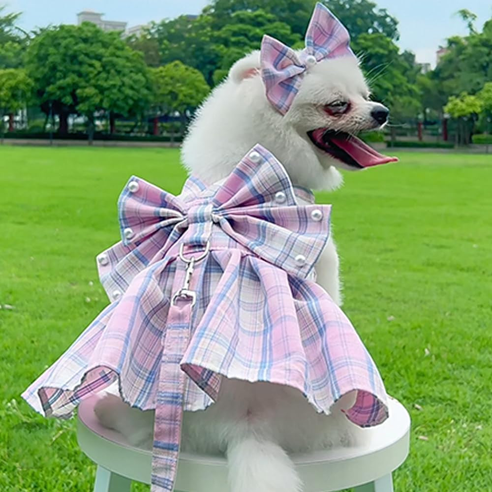 Plaid Dog Dress Harness and Leash Set with Bow Tie Accessories Puppy Clothes for Small Dog Girl Cute Cat Summer Outfit Breathable Mesh Pet Princess Skirt with Pearls (Purple, X-Small)