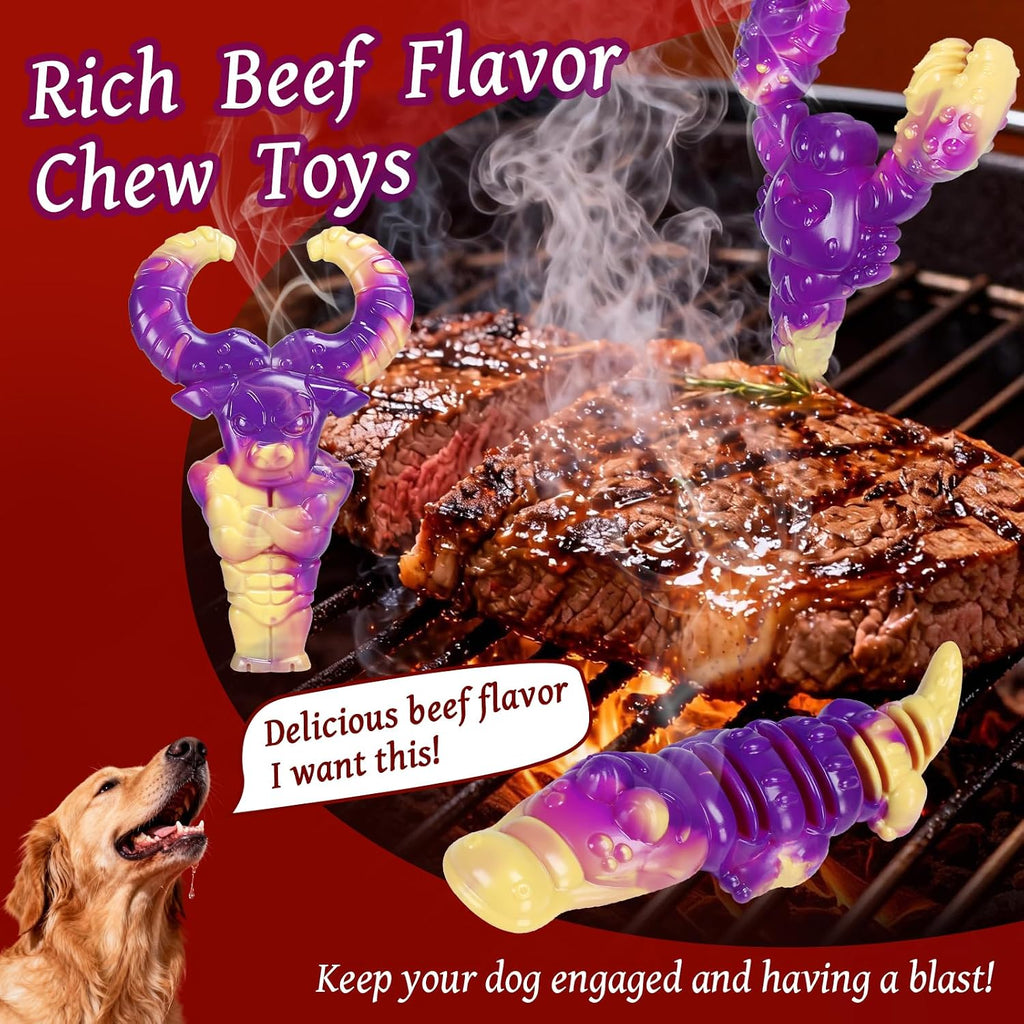 Indestructible Dog Toys for Aggressive Chewers, Tough Dog Toys for Large Dogs, Durable Dog Chew Toys to Keep Them Busy, Interactive Aggressive Chew Toys for Medium Dogs, Beef Flavor (Lob+Bull)