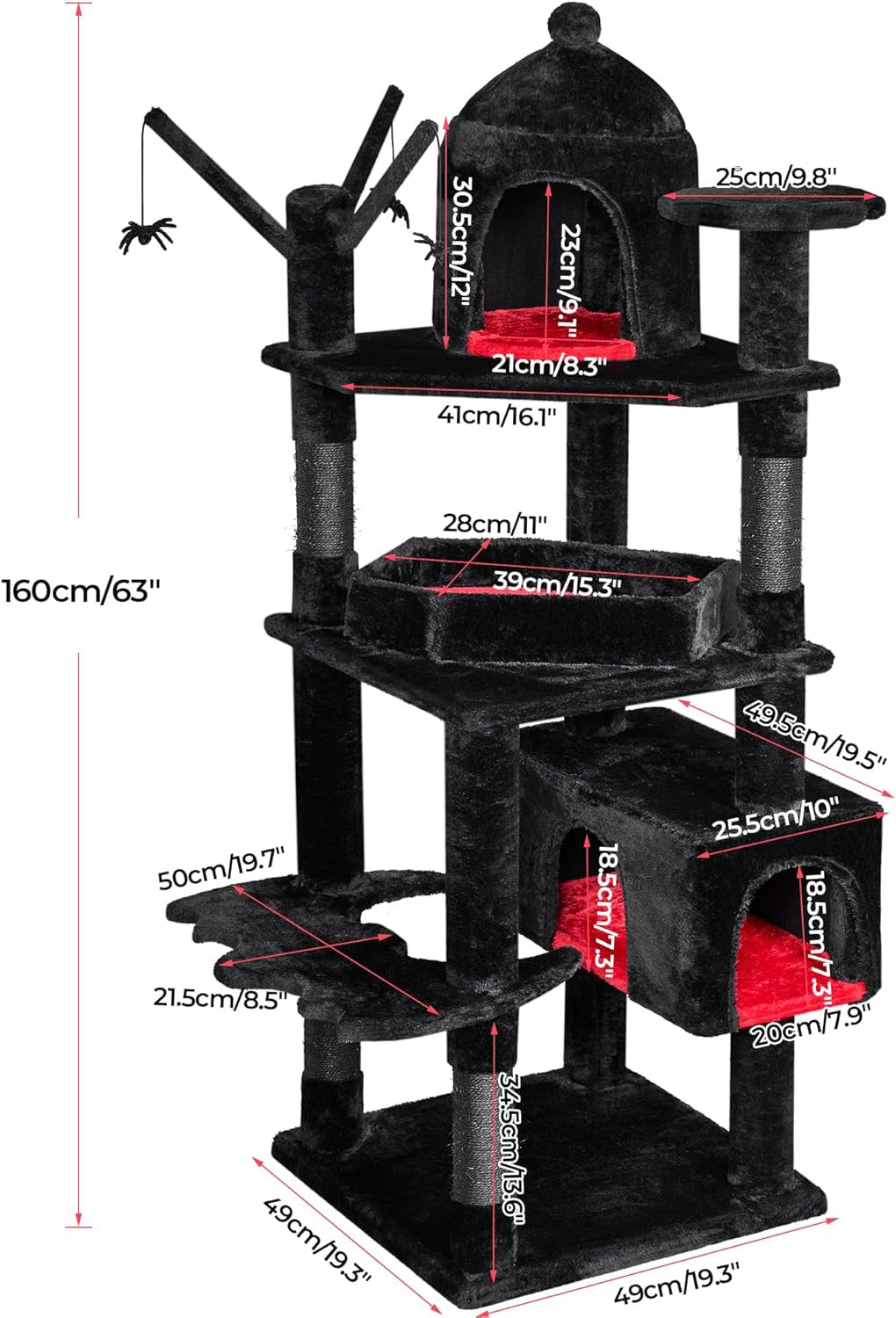 Heavy Duty Cat Tree Tower, 63 in Gothic Cat Trees with Coffin Bed | Large Goth Cat Tree for Indoor Cats, Cat Condo with Scratching Posts for Adult Cats 20 Lbs+, Tall Cat House, Black & Red
