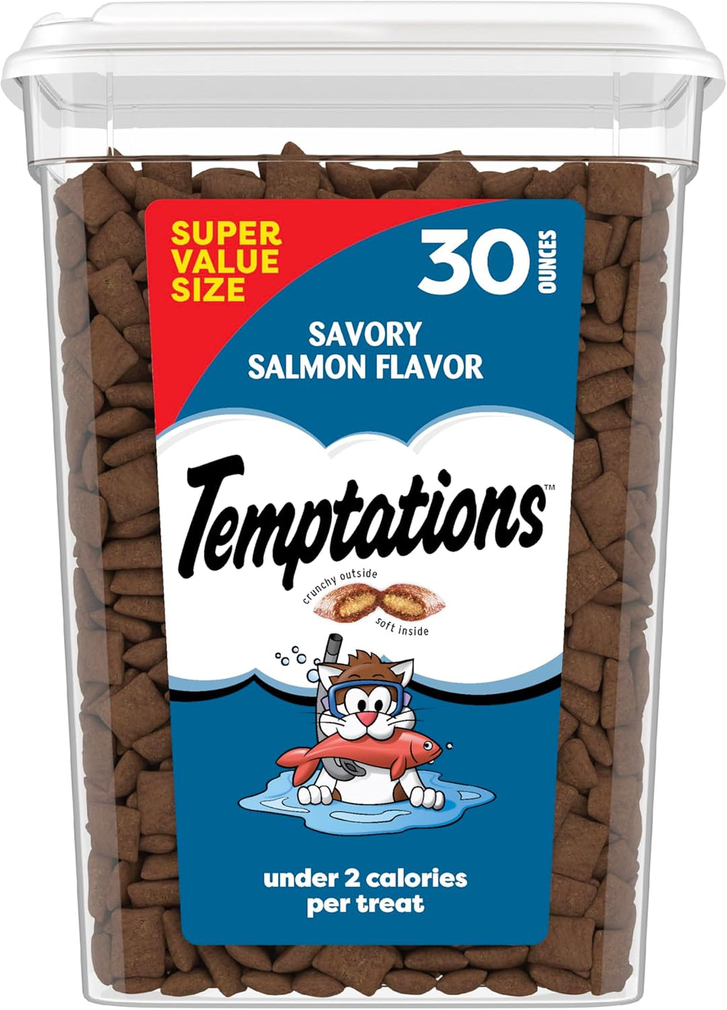 Classic Crunchy and Soft Cat Treats, Savory Salmon, 30 Oz | Crunchy Outside, Soft Inside, under 2 Calories per Treat, 100% Complete & Balanced for Adult Cats, Resealable Stay-Fresh Tub