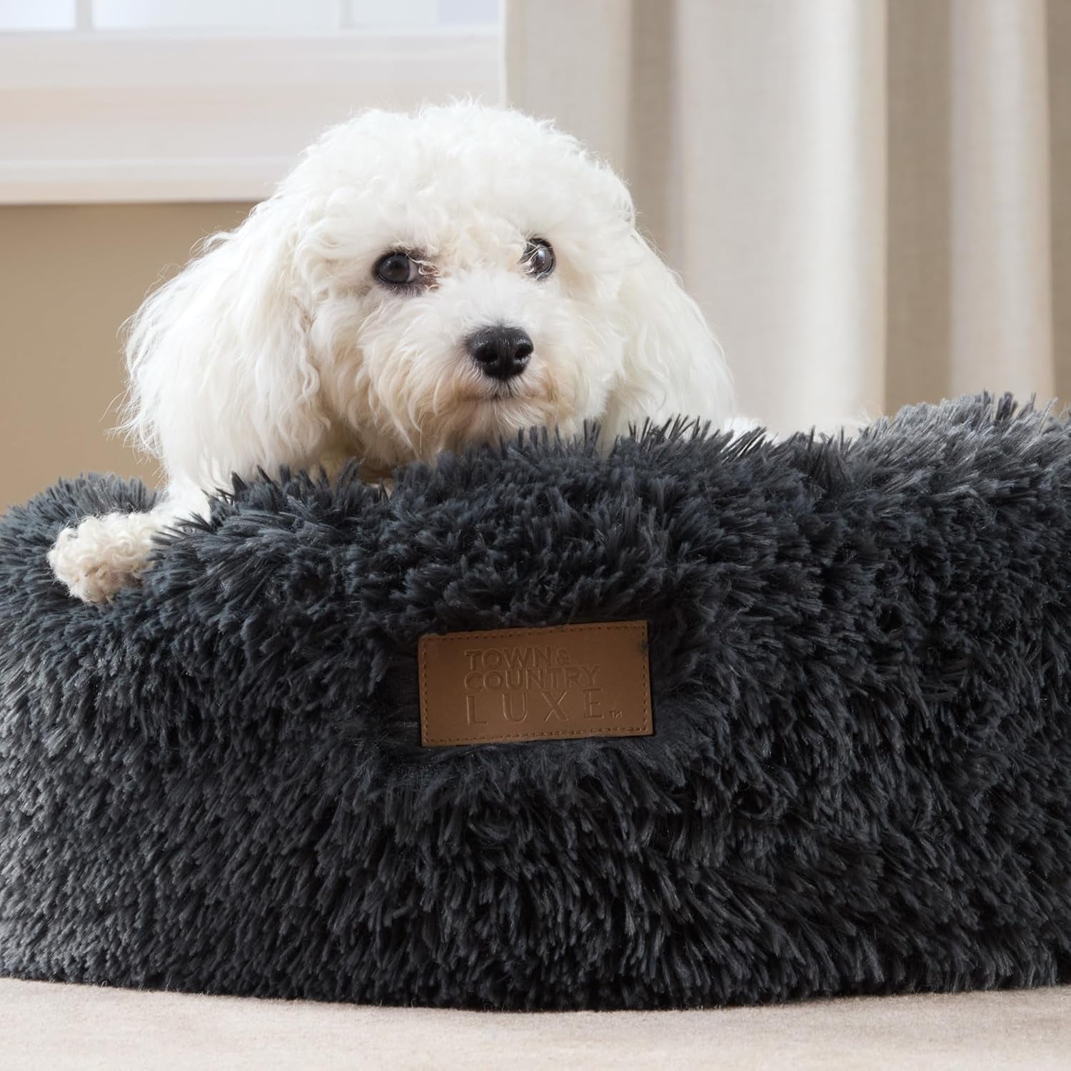 Cuddletown Fuzzy Solid Donut Pet Bed, Soft, Cozy & Calming, Water Repellent, Non-Slip Bottom, 100% Machine Washable, Dark Grey, Medium 28"X28"X7" Round