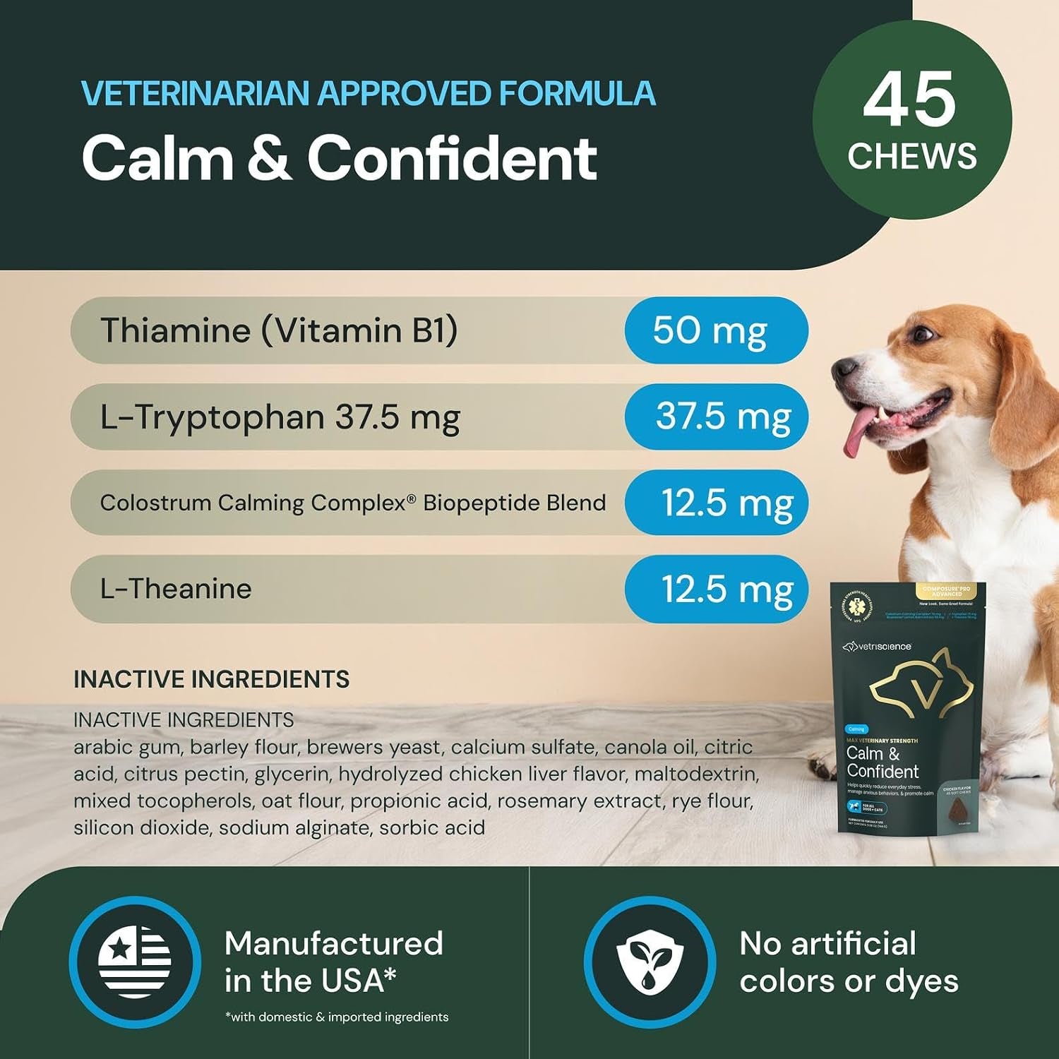 Veterinary Strength Calm & Confident Chews - Stress Supplement for Cats - Supports Brain Function for Cats - with L-Theanine, Thiamine & More - 45 Count