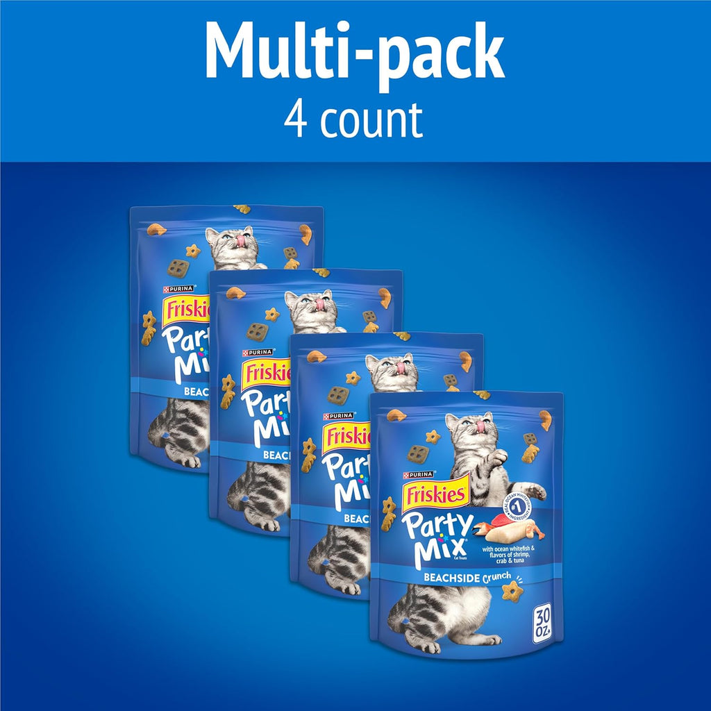 Purina Party Mix Beachside Crunch Treats, 30 Oz Pouch | Made with Real Ocean Whitefish as the Number One Ingredient, with Shrimp, Crab and Tuna Flavors in Every Bite for Adult Cats