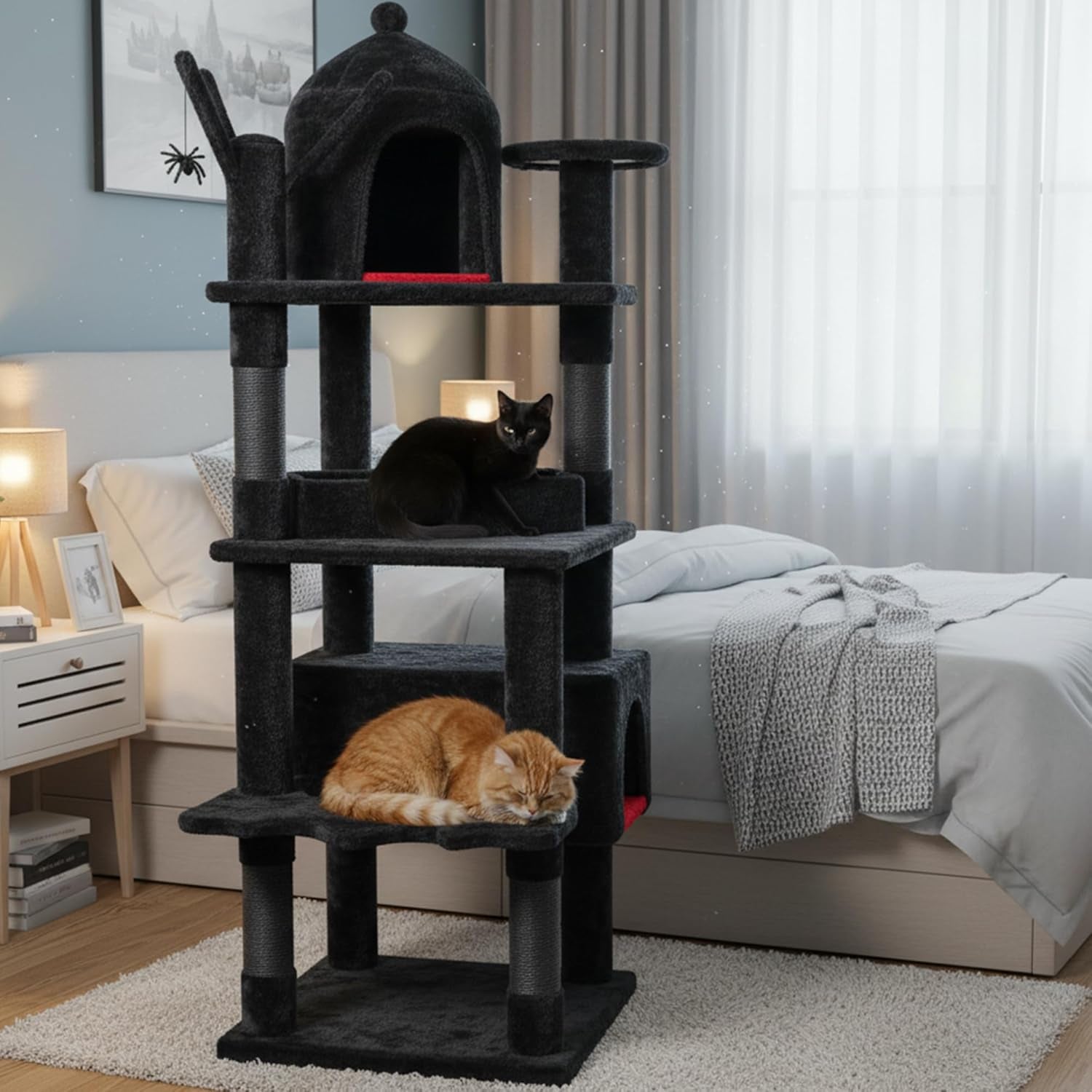 Heavy Duty Cat Tree Tower, 63 in Gothic Cat Trees with Coffin Bed | Large Goth Cat Tree for Indoor Cats, Cat Condo with Scratching Posts for Adult Cats 20 Lbs+, Tall Cat House, Black & Red