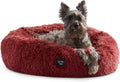 PET Ellie Fuzzy Solid Donut Pet Bed, Plush, Cozy & Calming, Non-Slip Bottom, 100% Machine Washable, Burgundy Rose, X-Small 19"X19"X7" Round