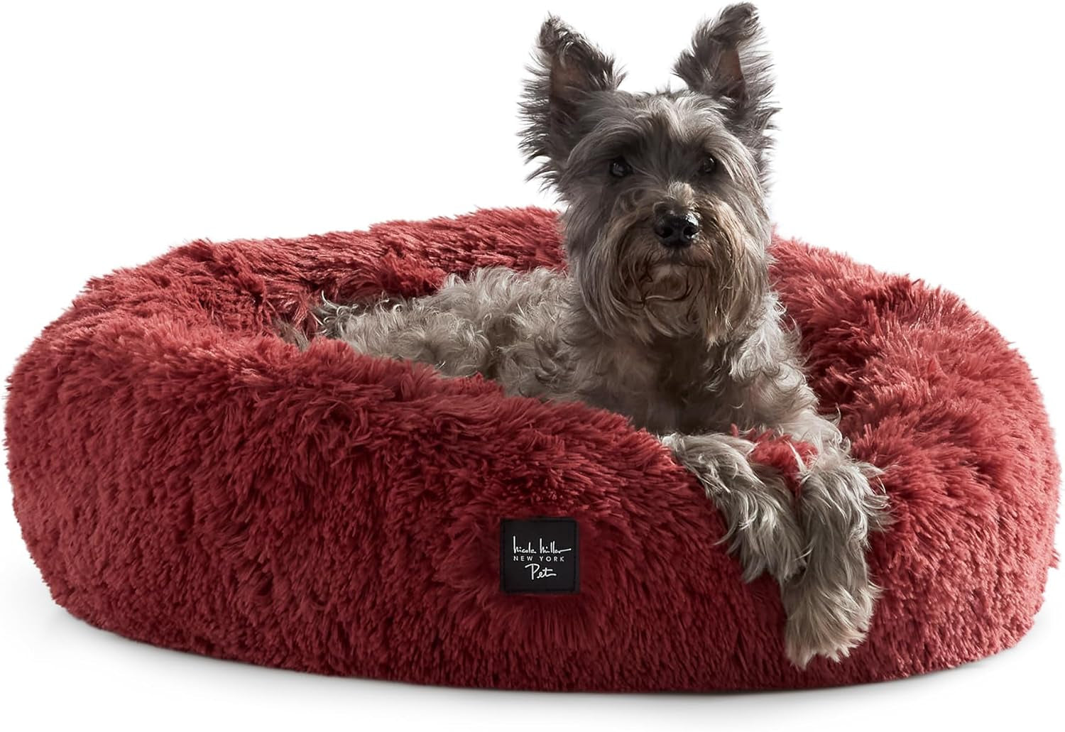 PET Ellie Fuzzy Solid Donut Pet Bed, Plush, Cozy & Calming, Non-Slip Bottom, 100% Machine Washable, Burgundy Rose, X-Small 19"X19"X7" Round