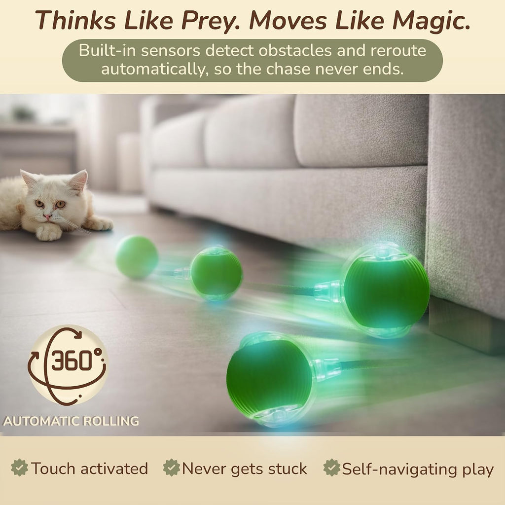 Interactive Cat Toy Automatic Moving Ball, Indoor Cats, Rechargeable, Green | Interactive Toys for Cats, Motion Activated Dog Toy for Small Dogs, 3 Speed Modes, Rechargeable, Quiet Silicone