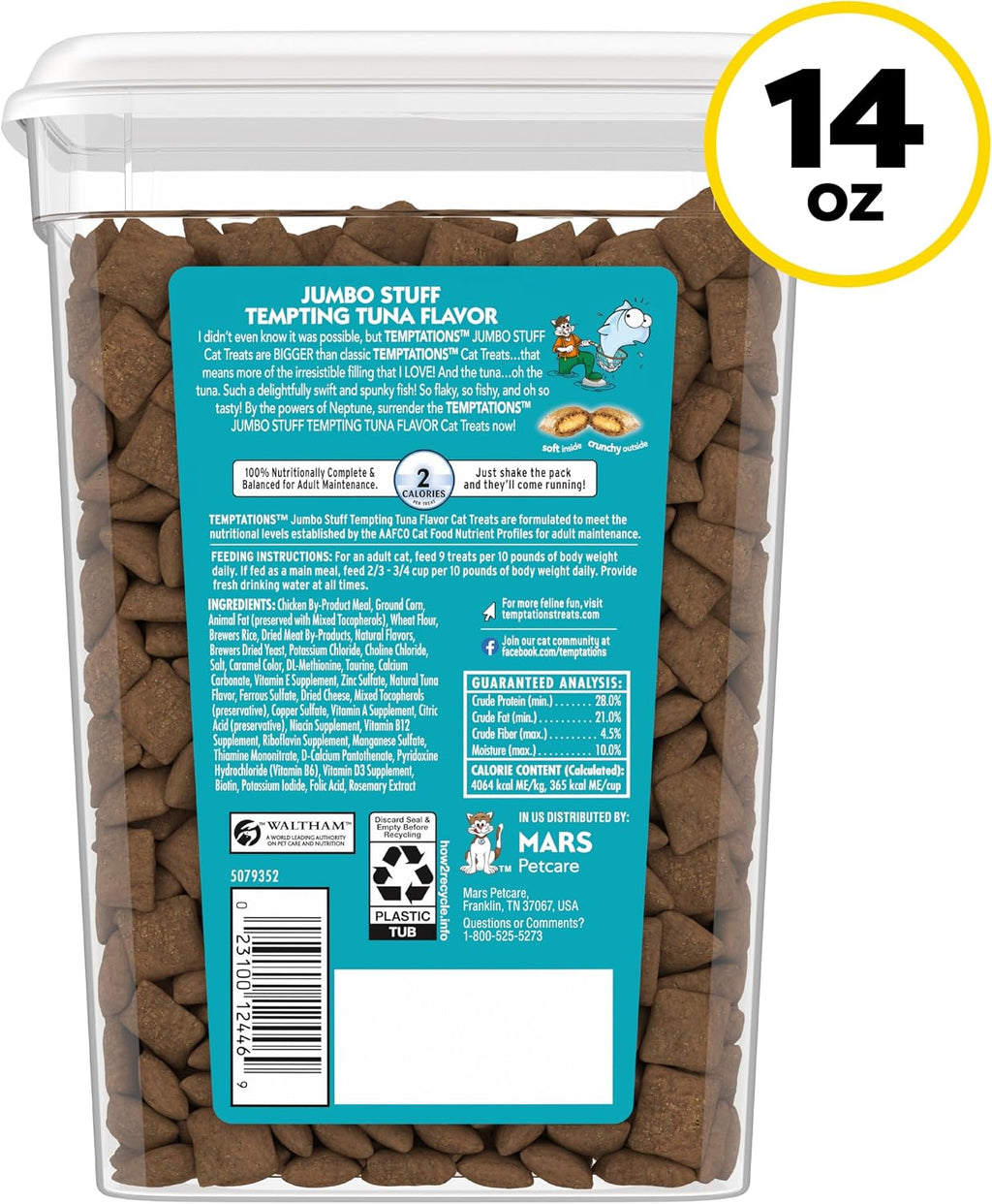 Jumbo Stuff Crunchy & Soft Cat Treats, Tuna, 14 Oz | Crunchy Outside, Soft Inside, under 2 Calories per Treat, Resealable Stay-Fresh Tub, 100% Complete & Balanced