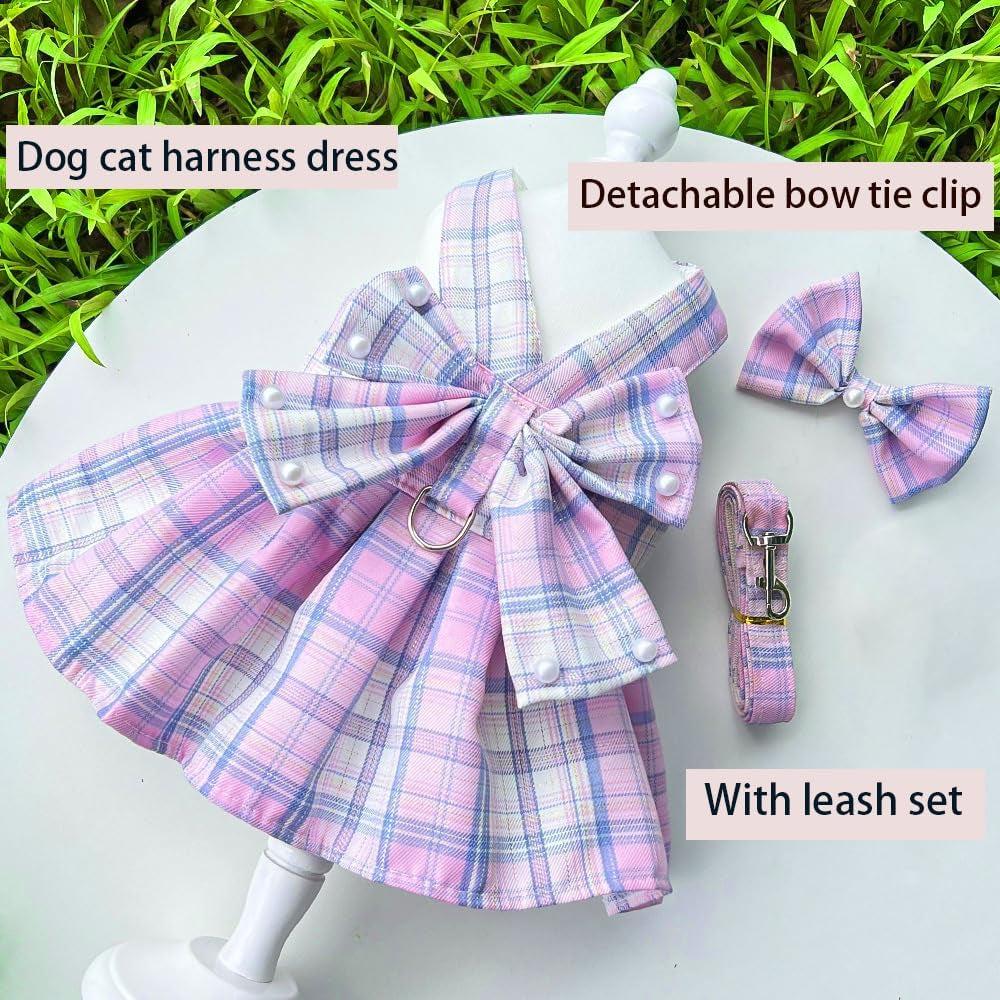 Plaid Dog Dress Harness and Leash Set with Bow Tie Accessories Puppy Clothes for Small Dog Girl Cute Cat Summer Outfit Breathable Mesh Pet Princess Skirt with Pearls (Purple, X-Small)