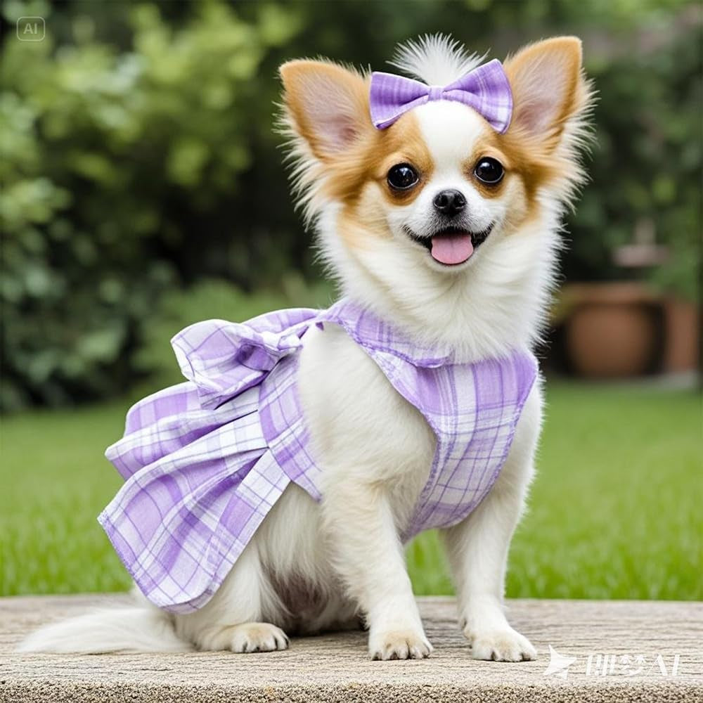 Plaid Dog Dress Harness and Leash Set with Bow Tie Accessories Puppy Clothes for Small Dog Girl Cute Cat Summer Outfit Breathable Mesh Pet Princess Skirt with Pearls (Purple, X-Small)
