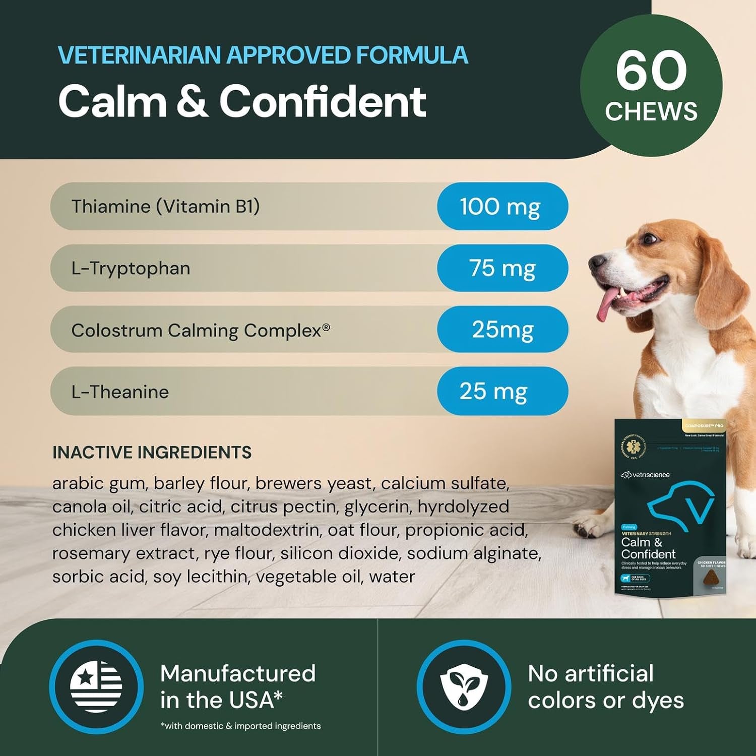 Veterinary Strength Calm & Confident Chews - Stress Supplement for Pets - Supports Brain Function for Cats & Dogs - with L-Theanine, Thiamine & More - 60 Count